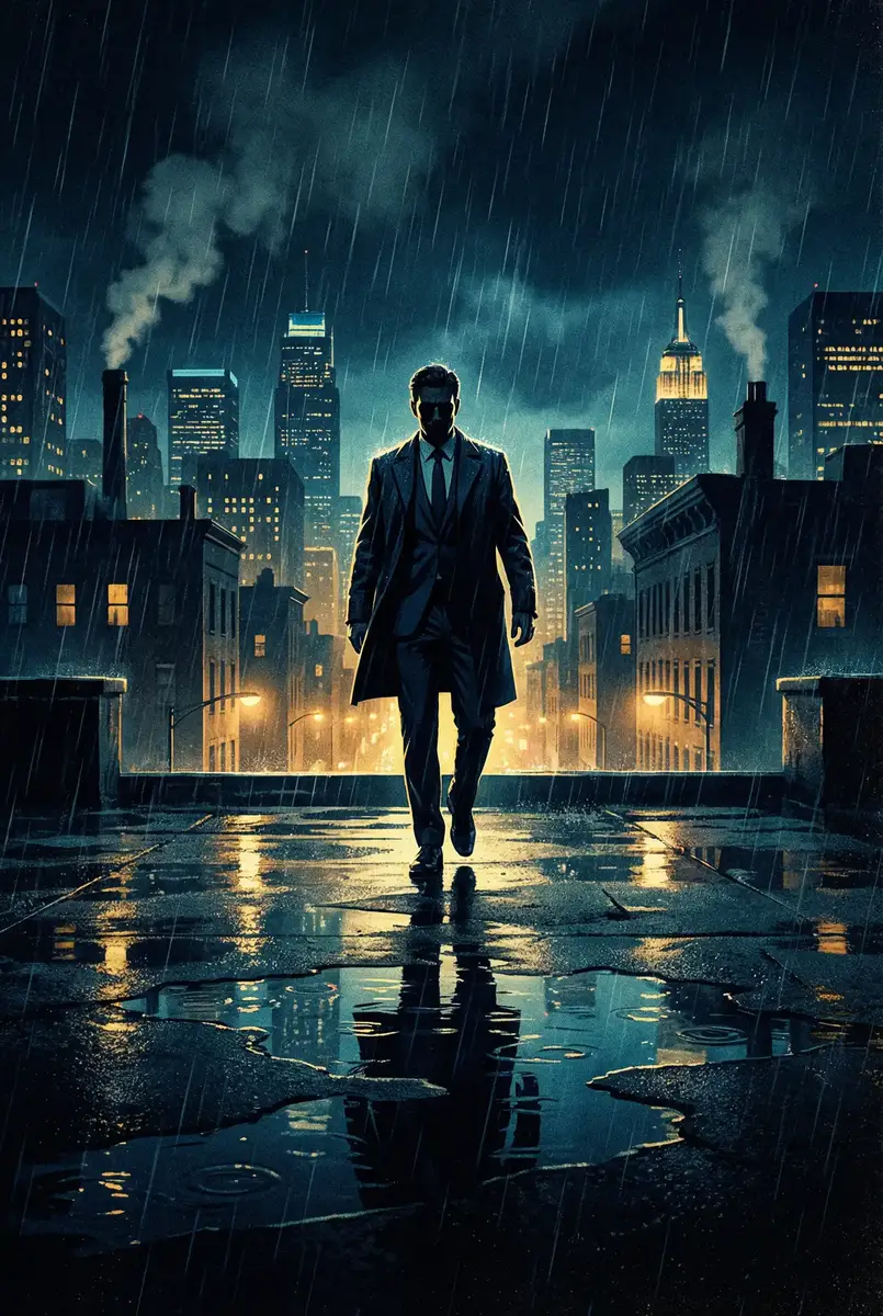 冰雨火电视剧免费观看全集 出品影片《雨夜独行者》海报，雨中城市屋顶男性剪影